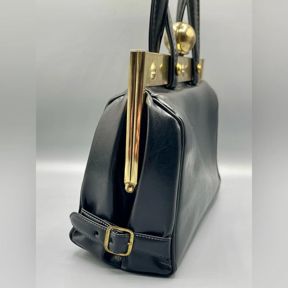 Vintage 1960s Faux Leather Handbag, Black, Ball Clasp, Framed, Art Deco